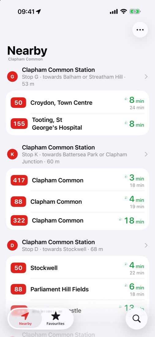 The Nearby screen, with live bus times for stops around Clapham Common