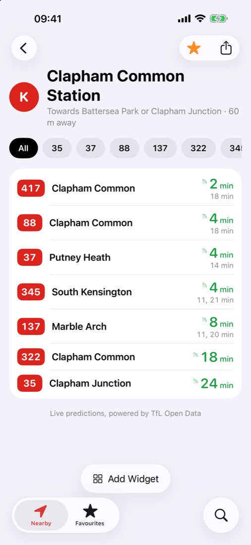A stop screen, with the next departures for each route