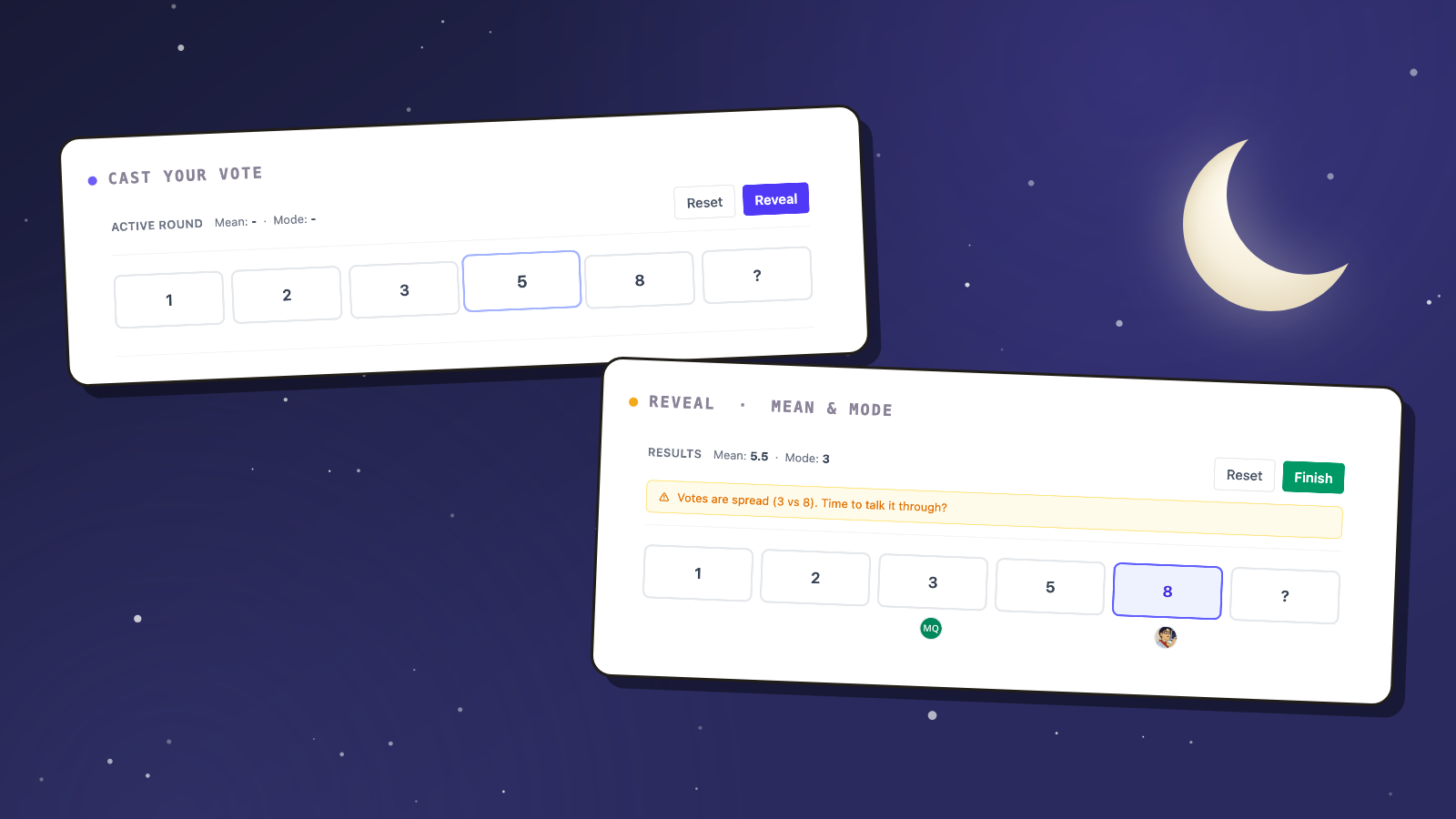 MoonPoker — planning poker running inside a Jira issue: vote cards and a revealed result under a crescent moon