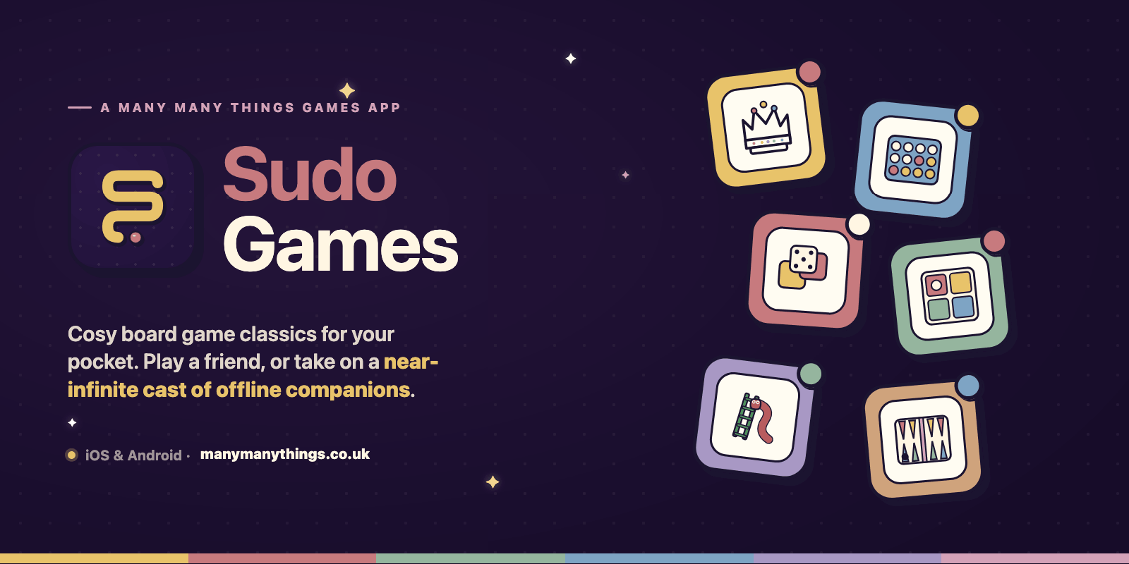 Sudo Games key art — the yellow Sudo Games mark and a cluster of board-game tiles (chess, connect four, dice, ludo, snakes & ladders, backgammon) on a starry plum night sky